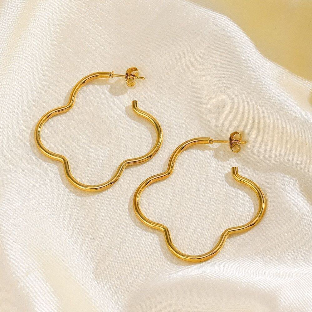 Gold Plated Clover Flower Large Hoop Earrings